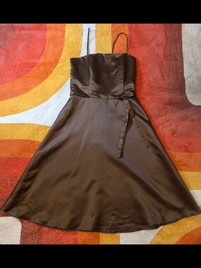 Y2K GoJane Brown Satin A-Line Slip Dress, MED, Prom Cocktail Formal Party Gown